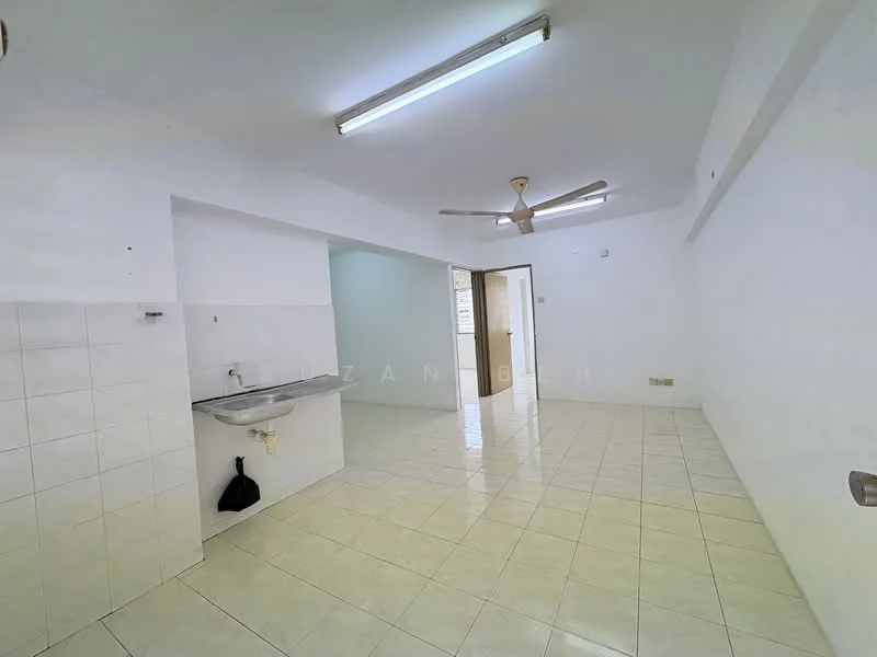 Room features: white painted walls, glossy white floor tiles, ceiling fan, fluorescent ceiling lights, single-bowl sink, wall-mounted faucet, open layout, doorway leading to another room; style: minimalist.