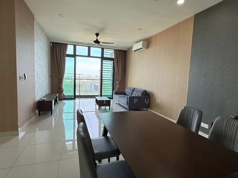 Living features: floor-to-ceiling windows, sliding glass door, grey accent wall, wood paneling, white painted walls, marble tile flooring, 5-blade ceiling fan, sofa in grey, dining table, upholstered dining chairs, air conditioning unit; style: modern; view: city.