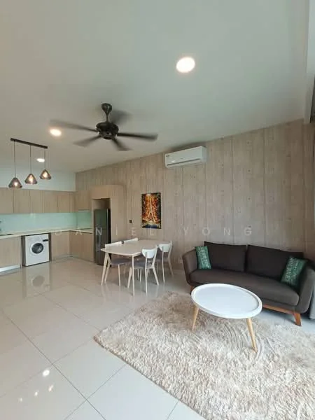 Living features: 3-seater fabric sofa in dark grey, coffee table with round top, area rug with fluffy texture, ceiling fan with light, wall-mounted air conditioning unit, large windows with natural light, decorative artwork on wall, white tiled flooring; style: modern. Kitchen features: kitchen cabinetry with wood finish, light blue backsplash, stainless-steel washing machine, built-in kitchen appliances, open-plan layout, pendant lighting over kitchen island, white countertop, dining table with four chairs; style: modern.