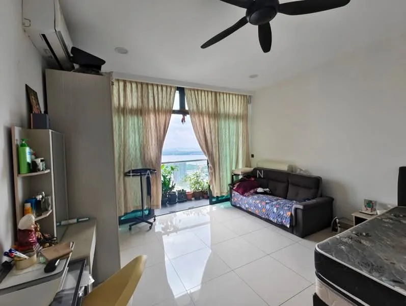 Room features: floor-to-ceiling windows, curtains, white painted walls, tile flooring, ceiling fan, sofa, coffee table, bed with mattress, small table, shelves, potted plants, air conditioning unit; style: modern; view: city.