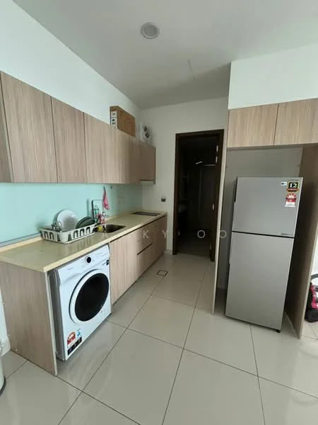 Kitchen features: light wood cabinetry, white countertop, stainless-steel fridge, front-load washing machine, single-bowl stainless-steel sink, chrome pull-down faucet, ceramic tile flooring, wall-mounted cabinets, open shelving, neutral wall color, under-cabinet lighting; style: modern.