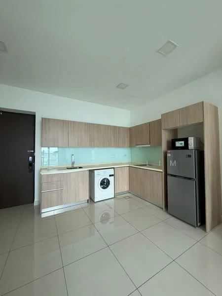 Kitchen features: light wood cabinetry, white countertop, single-bowl stainless-steel sink, chrome pull-down faucet, built-in washing machine, stainless-steel fridge, ceramic tile flooring, glass backsplash, recessed downlights, open layout; style: modern.