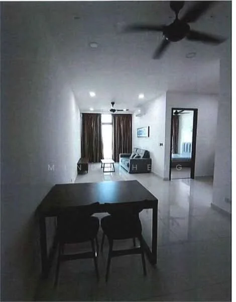 Living features: white painted walls, glossy tile flooring, 5-blade ceiling fan, recessed downlights, large windows with sheer curtains, sofa, dining table with two chairs, wall-mounted artwork, air conditioning unit; style: modern.