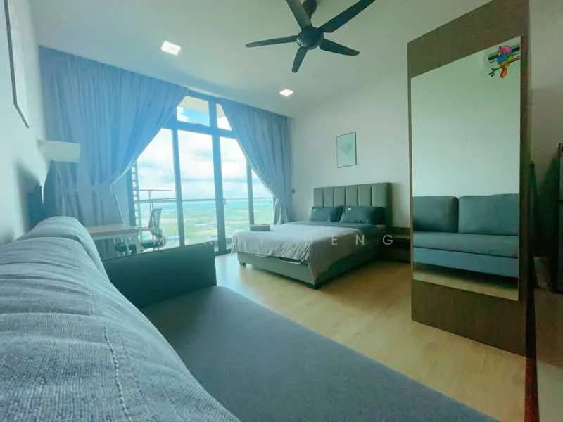 Bedroom features: king-size bed with upholstered headboard, grey fabric sofa, wooden flooring, floor-to-ceiling windows, sheer curtains, ceiling fan, dining table with chairs, full-length mirror, decorative wall art; style: modern; view: city.