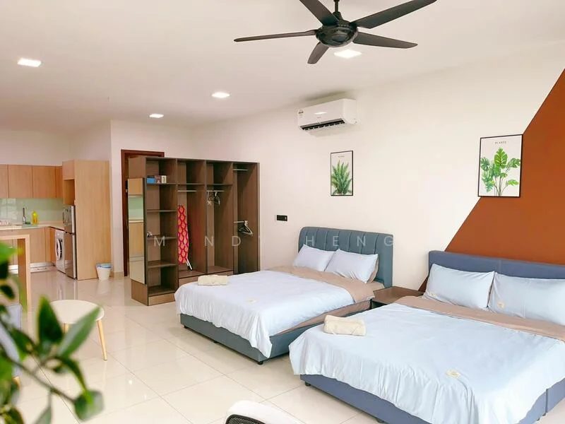 Bedroom features: 2 queen-size beds with blue bedding, ceiling fan with light, wall-mounted air conditioning unit, built-in wardrobe with open shelving, white painted walls, glossy tile flooring, decorative wall with brown accent, framed artwork on walls, small table with chair, greenery in ceramic pot; style: modern.