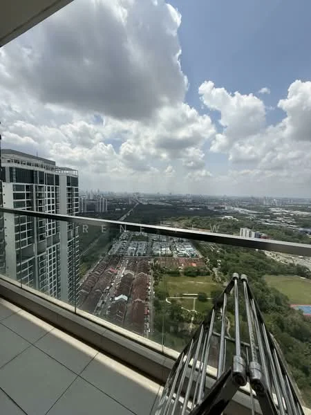 Room features: glass balcony railing, city skyline view, outdoor space, floor-to-ceiling windows, grey tiled flooring, metal drying rack; view: city.