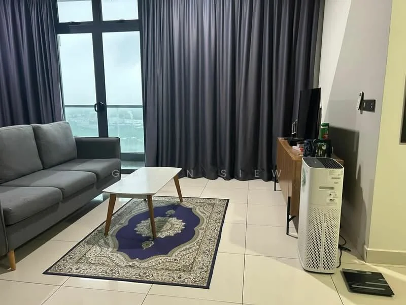 Living features: grey fabric 3-seater sofa, white coffee table, area rug with intricate pattern, floor-to-ceiling windows, curtains in dark grey, wall-mounted TV, wooden TV console, air purifier, light-colored tiled flooring; style: modern; view: city.