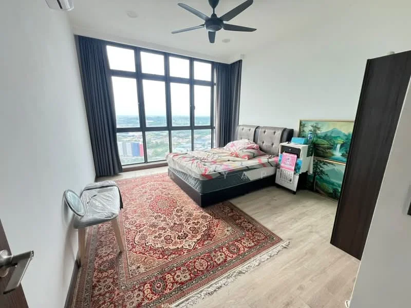 Bedroom features: king-size bed, upholstered headboard, bedside table, framed artwork, area rug with intricate pattern, floor-to-ceiling windows, blackout curtains, ceiling fan with light, wooden flooring, wall-mounted TV; style: modern; view: city.