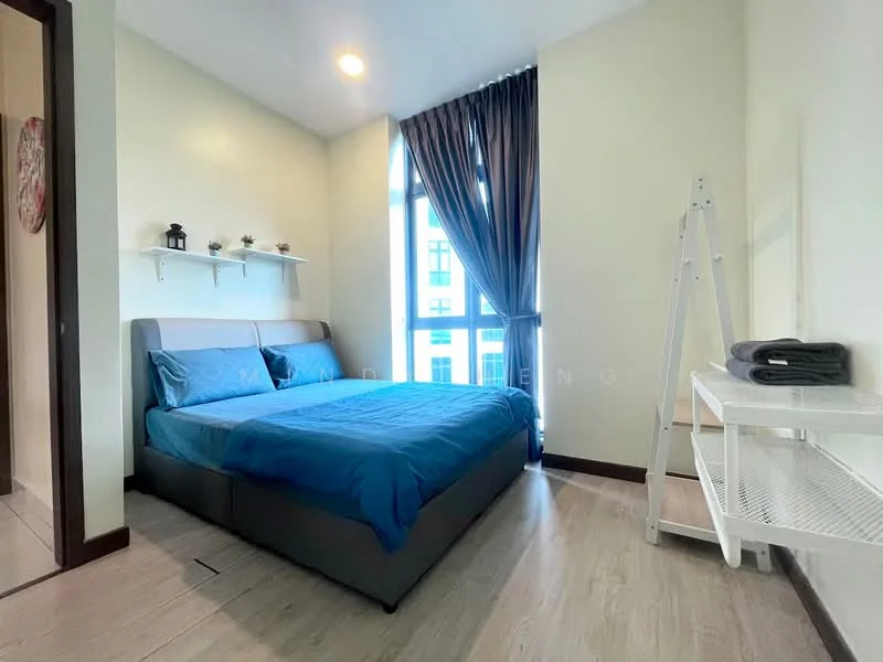 Bedroom features: king-size bed with grey upholstered base, blue bedding, floor-to-ceiling windows, dark curtains, wooden flooring, white wall shelves, white ladder shelf, decorative wall art, built-in wardrobe, natural light from window; style: modern; view: city.