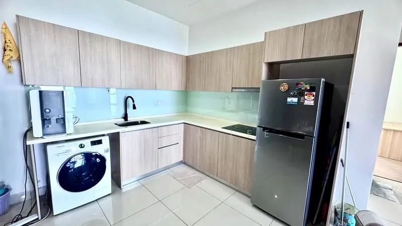 Kitchen features: light wood cabinetry, white quartz countertop, single-bowl stainless-steel sink, black gooseneck faucet, built-in induction cooktop, stainless-steel fridge, front-load washing machine, glass backsplash, tile flooring, water dispenser, open shelving; style: modern.