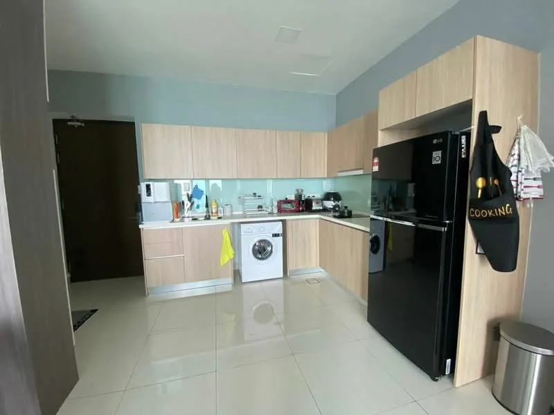 Kitchen features: light wood cabinetry, black refrigerator, built-in washing machine, white countertop, glass backsplash, ceramic tile flooring, stainless-steel sink, chrome pull-down faucet, kitchen towel hanging, apron with cooking theme, wall-mounted cabinets, open shelving, under-cabinet lighting; style: modern.
