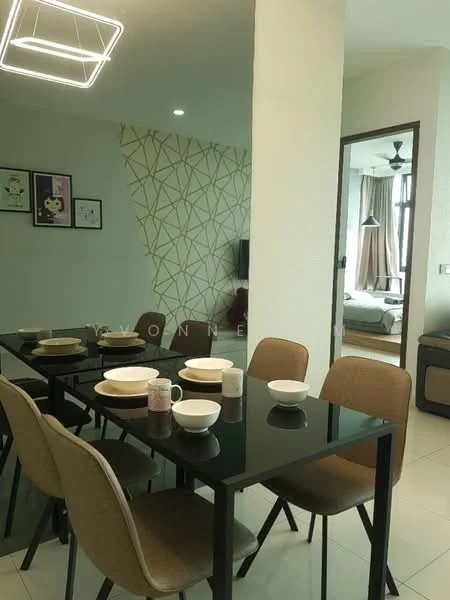 Dining features: black dining table, 6 upholstered dining chairs, pendant light fixture, white walls, geometric accent wall, tile flooring, wall-mounted TV visible in background, ceiling fan with light; style: modern. Living features: sofa visible in background, curtains, floor-to-ceiling windows; style: modern.
