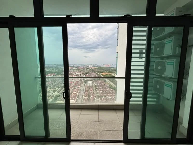 Room features: floor-to-ceiling sliding glass doors, glass balcony railing, grey tiled flooring, city skyline view, visible air conditioning units on the wall; style: modern; view: city.