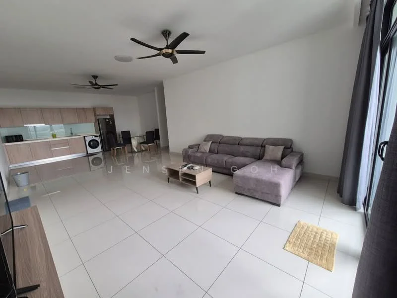 Living features: grey fabric sectional sofa, coffee table, TV console, wall-mounted TV, area rug, 2 ceiling fans, large windows with sheer curtains, white painted walls, tile flooring, open layout to kitchen, laundry machine visible, dining area with chairs; style: modern.