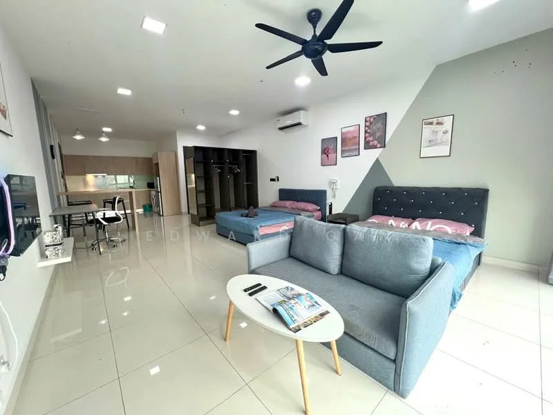 Living features: 2 queen-size beds with upholstered headboards, 3-seater fabric sofa in light grey, coffee table, wall-mounted TV, ceiling fan with light, white painted walls, grey accent wall, tile flooring, built-in wardrobe, dining table with chairs, air conditioning unit; style: modern.
