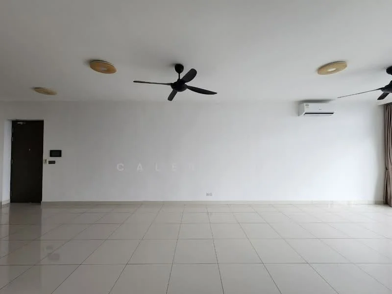 Room features: white painted walls, glossy ceramic tile flooring, 2 ceiling fans, 1 wall-mounted split AC, floor-to-ceiling window with curtains, neutral color scheme, recessed lighting, no visible furniture; style: modern.