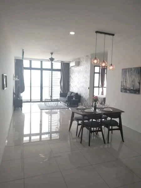 Living features: floor-to-ceiling windows, sliding glass door, grey accent wall, white painted walls, polished ceramic tile flooring, 5-blade ceiling fan with light, 3 pendant lights, sofa in dark color, dining table for 4, upholstered dining chairs, decorative vase with flowers, framed artwork, curtains, area rug; style: modern; view: city.