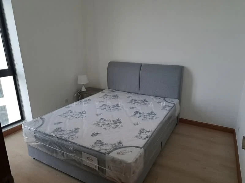Bedroom features: queen-size bed with grey upholstered headboard, mattress with floral pattern, nightstand with lamp, white painted walls, wooden flooring, floor-to-ceiling window, curtains, decorative wall art; style: modern.