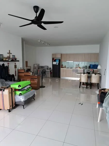 Living features: white painted walls, glossy white tile flooring, 5-blade ceiling fan, sofa with grey upholstery, wooden coffee table, dining table with upholstered chairs, kitchen cabinetry in light wood, stainless-steel fridge, kitchen island, open layout, large windows for natural light, decorative wall cross; style: modern.