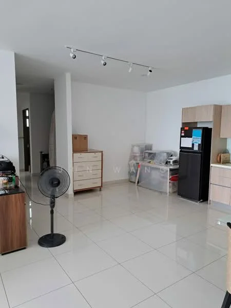 Room features: white painted walls, glossy ceramic tile flooring, recessed downlights, kitchen cabinetry in light wood, black refrigerator, freestanding fan, dining table, storage cabinet, open layout; style: modern.