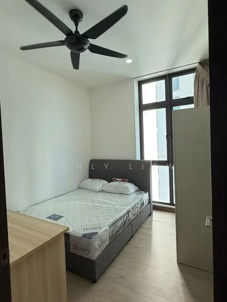 Bedroom features: queen-size bed, upholstered headboard, 2 bedside pillows, wooden bedside table, ceiling fan with light, floor-to-ceiling windows, light-colored walls, laminate flooring, built-in wardrobe; style: modern; view: city.
