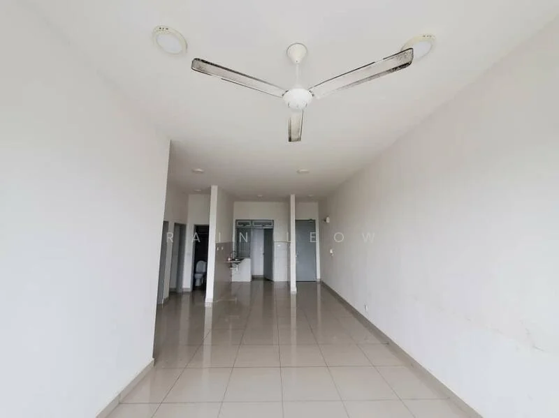 Room features: white painted walls, polished ceramic tile flooring, 5-blade ceiling fan, recessed downlights, open space layout, no visible furniture, large windows, neutral color scheme; style: modern.