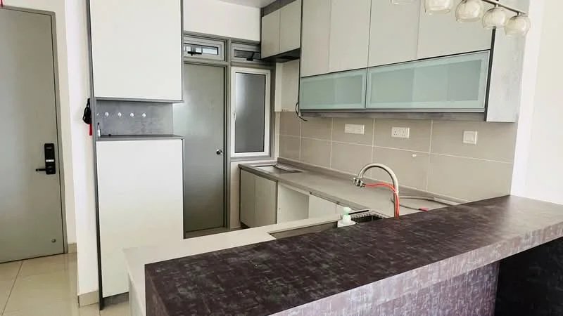 Kitchen features: grey cabinetry with glass-front upper cabinets, stainless-steel sink, chrome pull-down faucet, grey tiled backsplash, countertop with grey surface, built-in oven, freestanding fridge, wall-mounted cabinets, open shelving, pendant lighting, tile flooring, window above sink; style: modern.