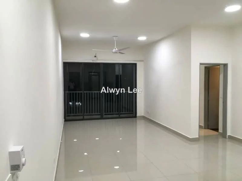 Living features: white painted walls, polished ceramic tile flooring, 5-blade ceiling fan with light, floor-to-ceiling sliding glass doors, balcony view, recessed LED downlights; style: modern.