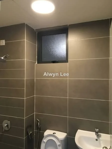 Bathroom features: grey tiled walls, ceramic tile flooring, window with frosted glass, chrome showerhead, wall-mounted faucet, toilet, bidet spray, towel rail, recessed ceiling light; style: modern.
