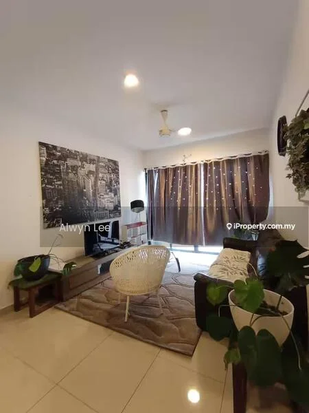 Living features: cream painted walls, white ceiling, 5-blade ceiling fan with light, floor-to-ceiling windows, sheer curtains, light brown area rug, 2-seater leather sofa in dark brown, white accent chair, wooden coffee table, decorative houseplants in ceramic pots, wall-mounted TV, framed artwork; style: modern.