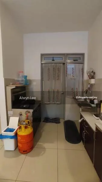 Kitchen features: white painted walls, glossy tile flooring, stainless-steel sink, chrome pull-down faucet, dark wood cabinetry, countertop with space for appliances, built-in stove, gas cylinder, refrigerator, curtains on window, kitchen mat; style: modern.