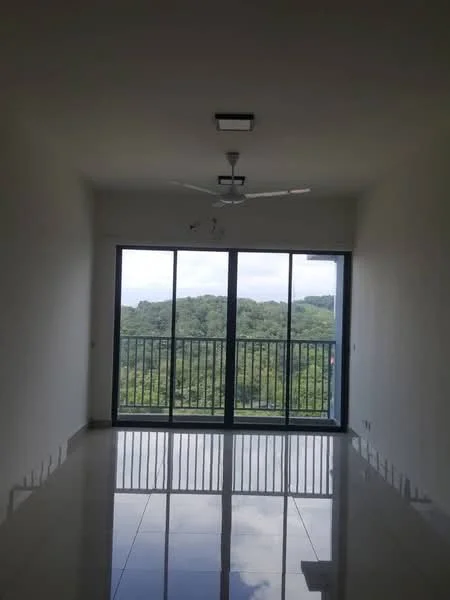 Living features: large floor-to-ceiling windows, sliding glass door, 5-blade ceiling fan with light, white painted walls, polished tile flooring, balcony view of greenery; style: modern; view: garden.