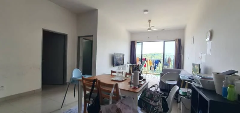 Living features: white painted walls, ceramic tile flooring, 5-blade ceiling fan, floor-to-ceiling windows, sliding glass door, dining table with chairs, wall-mounted TV, TV console, decorative wall clock, open shelving unit, area rug, laundry drying rack visible outside; style: modern; view: garden.