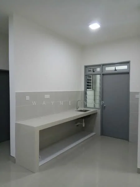 Laundry features: white painted walls, grey tiled backsplash, grey floor tiles, single-bowl stainless-steel sink, chrome faucet, built-in countertop, cabinets above countertop, door to exterior, window for natural light, LED ceiling light; style: modern.