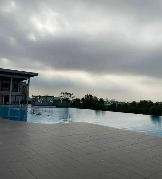 Exterior type: clubhouse; features: infinity pool, pool deck with loungers, surrounded by greenery, modern architectural design, large glass windows, open-air structure, paved flooring, city skyline in background; style: modern.