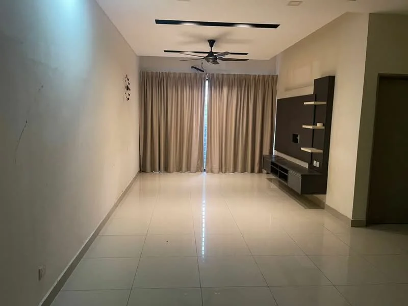 Living features: white painted walls, polished ceramic tile flooring, 5-blade ceiling fan, floor-to-ceiling windows, sheer curtains, built-in TV console, wall-mounted shelves, recessed ceiling lights; style: modern.
