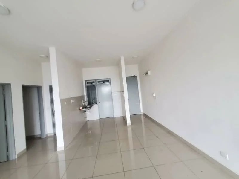 Room features: white painted walls, tile flooring, recessed downlights, multiple doorways, open layout, kitchenette area, neutral color scheme, large windows, high ceiling; style: modern.