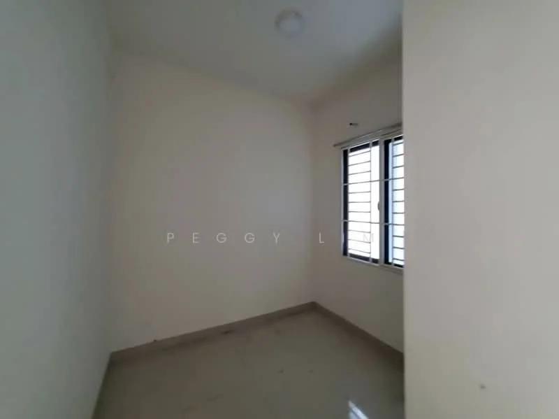 Room features: white painted walls, tile flooring, two sliding windows with metal grills, ceiling light fixture.