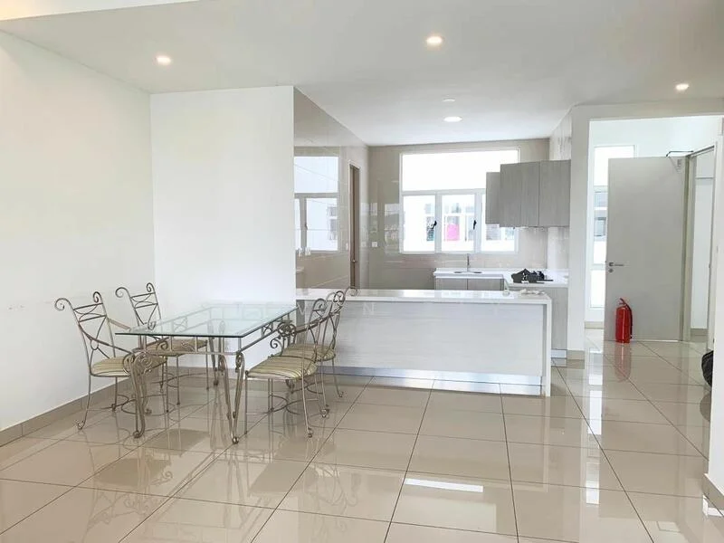 Kitchen features: white painted walls, glossy tile flooring, kitchen island, stainless-steel sink, chrome pull-down faucet, built-in cabinetry, recessed downlights, floor-to-ceiling windows, glass dining table, metal dining chairs; style: modern. Dining features: glass dining table, metal dining chairs; style: modern.