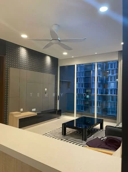 Living features: 3-blade ceiling fan, wall-mounted TV unit with storage, black coffee table, black leather sofa, area rug with geometric pattern, floor-to-ceiling windows, sliding glass door, decorative wall with patterned wallpaper, recessed downlights, light-colored feature wall, wooden console table; style: modern; view: city.