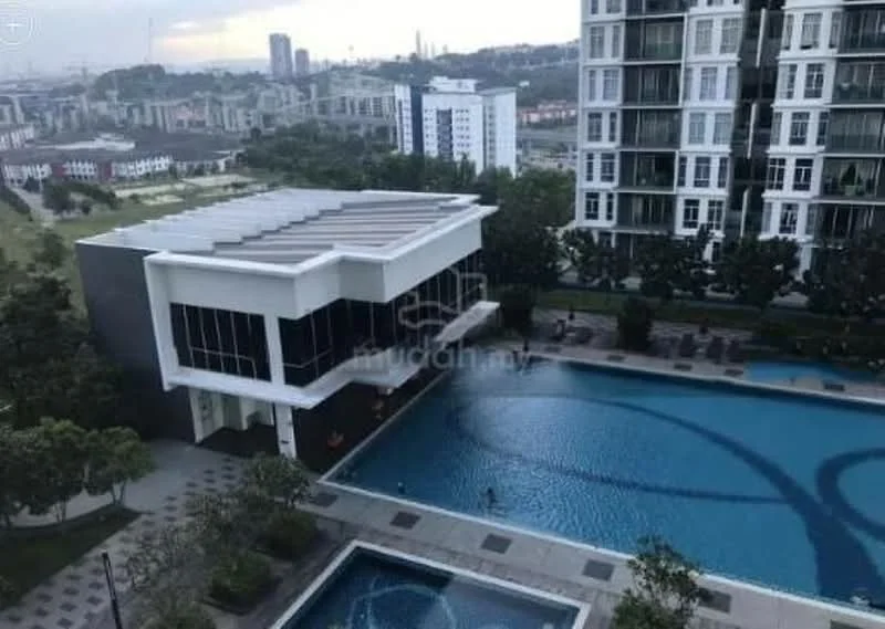 Exterior type: swimming pool deck; features: infinity pool, pool deck with loungers, landscaped garden, manicured lawn, modern clubhouse, surrounded by greenery, paved walkway, water feature, multiple swimming pools; style: modern.
