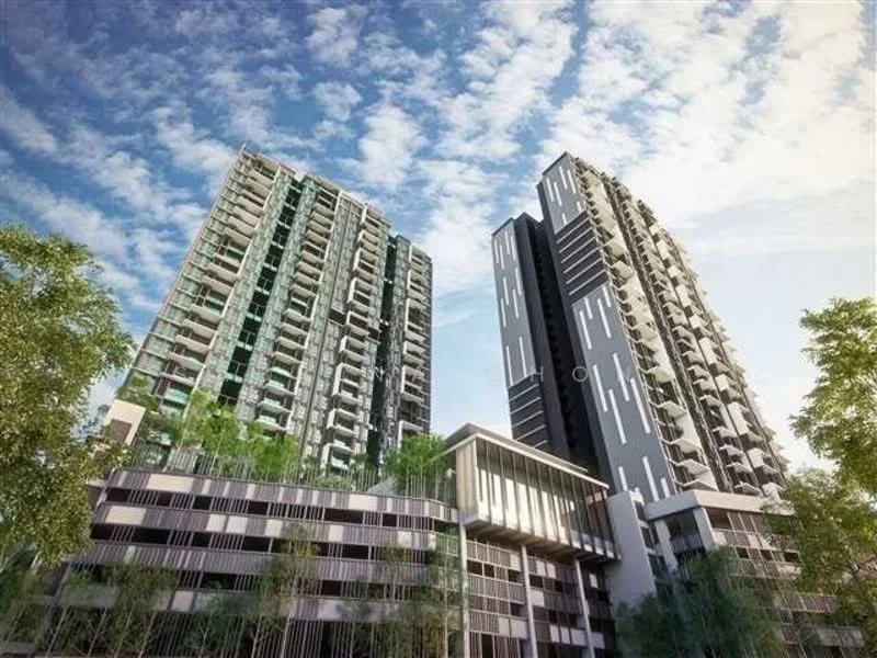 Exterior type: high-rise condominium; features: glass curtain wall, exposed concrete facade, recessed balconies, vertical fins, landscaped garden at base, manicured lawn, mature trees, surrounded by greenery; style: modern.