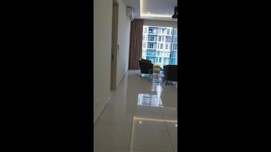Room features: glossy tile flooring, white painted walls, recessed downlights, floor-to-ceiling windows, curtains, air conditioning unit, open layout, natural light; style: modern; view: city.