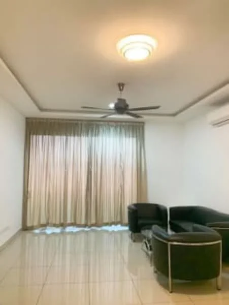 Living features: white painted walls, glossy tile flooring, 5-blade ceiling fan with light, recessed ceiling lights, floor-to-ceiling windows, sheer curtains, black leather sofa, corner sofa arrangement, air conditioning unit; style: modern.