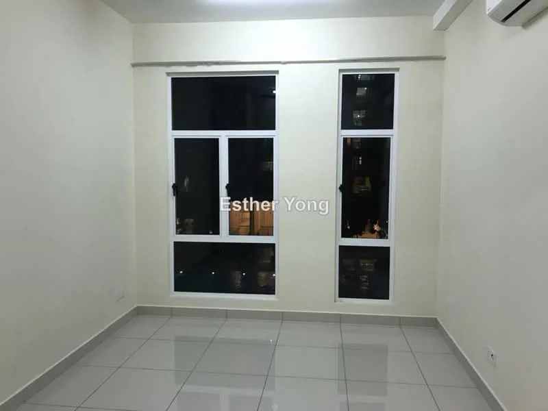 Room features: white painted walls, glossy ceramic tile flooring, floor-to-ceiling windows, air conditioning unit, neutral color scheme, no visible furniture, even lighting, minimalist design; style: modern; view: city.