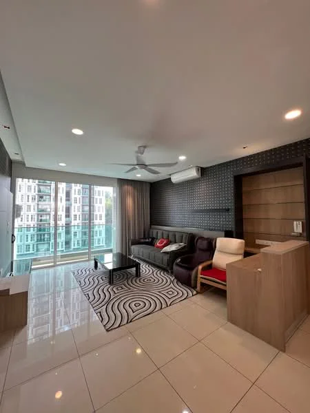 Living features: grey fabric sofa, 2-seater armchair in dark purple, white armchair with red cushion, black coffee table, area rug with abstract pattern, wall-mounted TV, ceiling fan with light, recessed downlights, large floor-to-ceiling windows, curtains, built-in shelving unit, white tiled flooring, decorative wall with textured finish; style: modern; view: city.