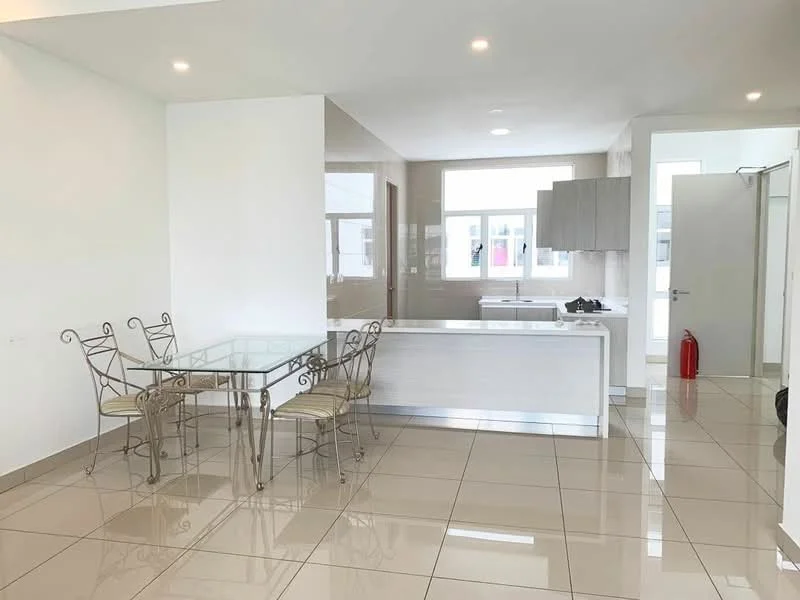 Dining features: glass dining table, metal dining chairs, white walls, tile flooring, recessed downlights, large window with natural light, open layout to kitchen, neutral color palette; style: modern. Kitchen features: white cabinetry, countertop with sink, stainless-steel faucet, built-in oven, cooktop, tile backsplash, open layout to dining area; style: modern.