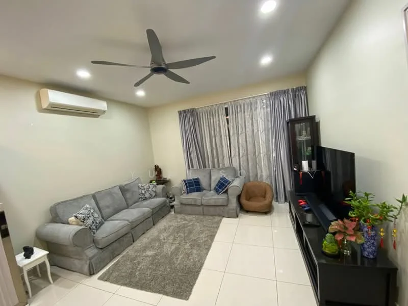 Living features: 3-seater fabric sofa in grey, 2-seater fabric sofa in beige, coffee table, TV console, wall-mounted TV, area rug with geometric pattern, 1 wall-mounted split AC, recessed LED downlights, curtains with sheer fabric, decorative plants, bean bag chair, light-coloured painted walls, glossy tile flooring; style: modern.