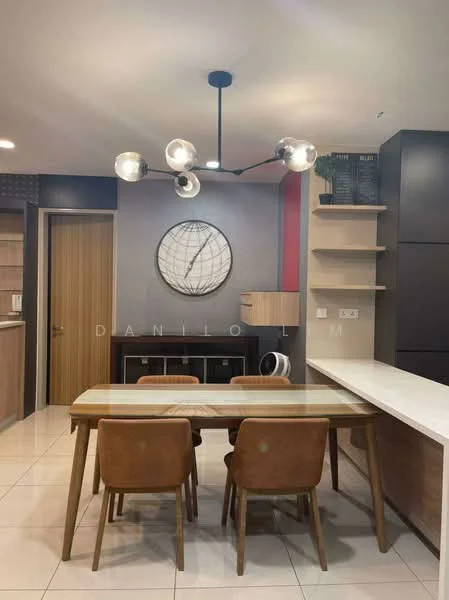 Dining features: 6-seater dining table, wooden dining table with light finish, upholstered dining chairs in brown, pendant light fixture with multiple bulbs, wall-mounted circular artwork, open shelving unit, white countertop, dark cabinetry, cream tiled flooring, red accent wall; style: modern. Kitchen features: white cabinetry, built-in appliances, open layout to dining area; style: modern.