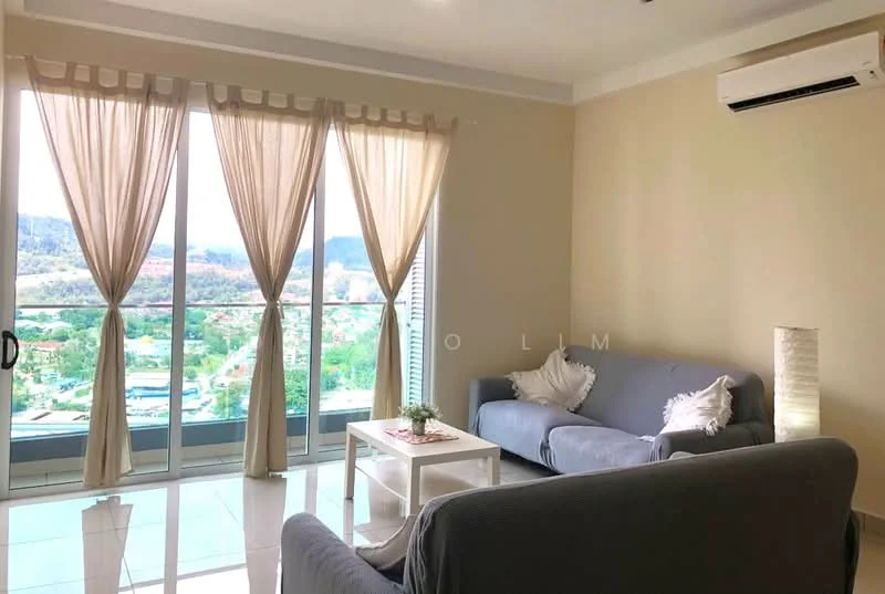 Living features: floor-to-ceiling windows, sheer curtains, 3-seater fabric sofa in grey, 2-seater fabric sofa in grey, white coffee table, decorative plant on table, light floor tiles, wall-mounted split AC, decorative floor lamp, neutral painted walls; style: modern; view: city.
